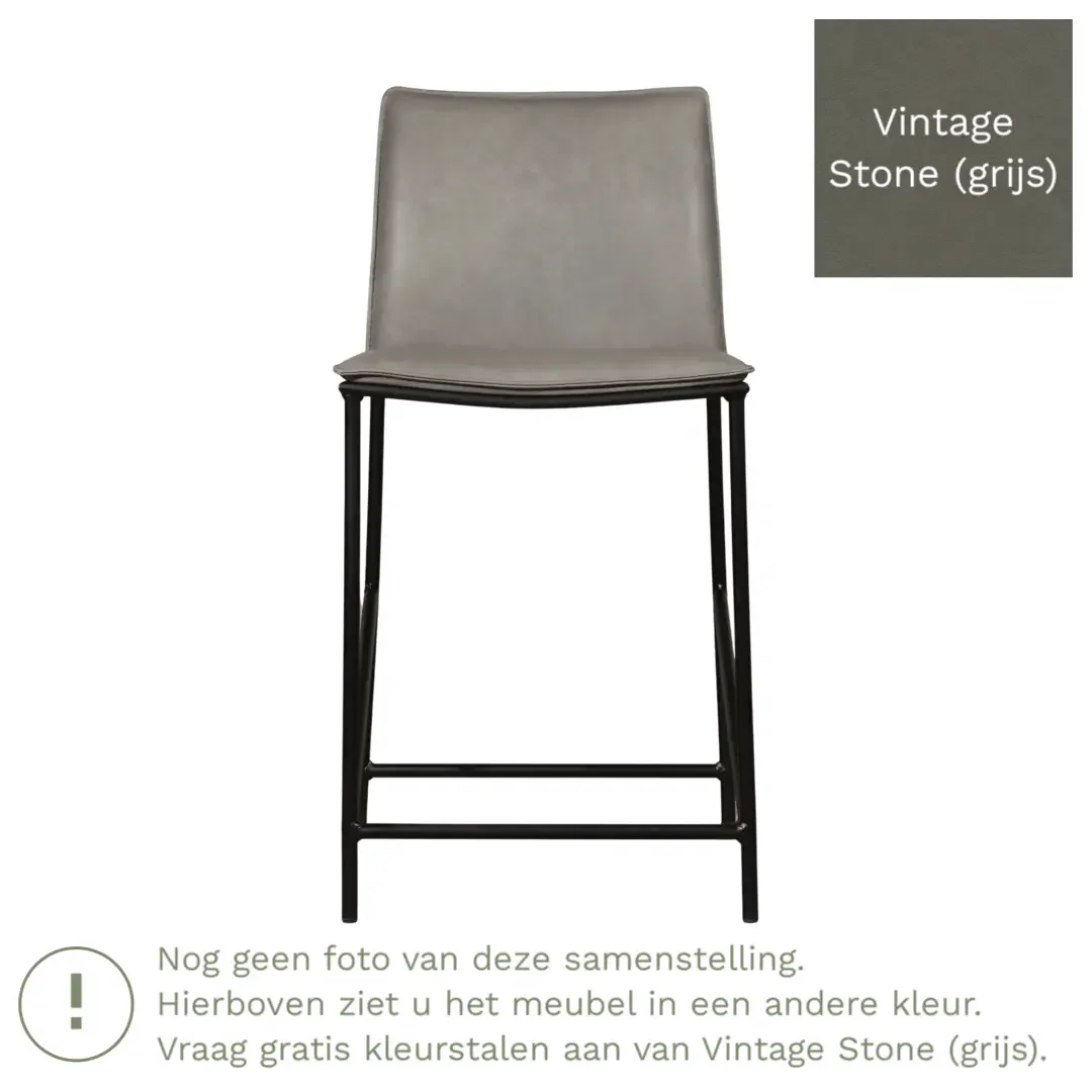 afbeelding van Leren barkruk laag Favor - Vintage Stone (grijs) - poten staal rond zwart